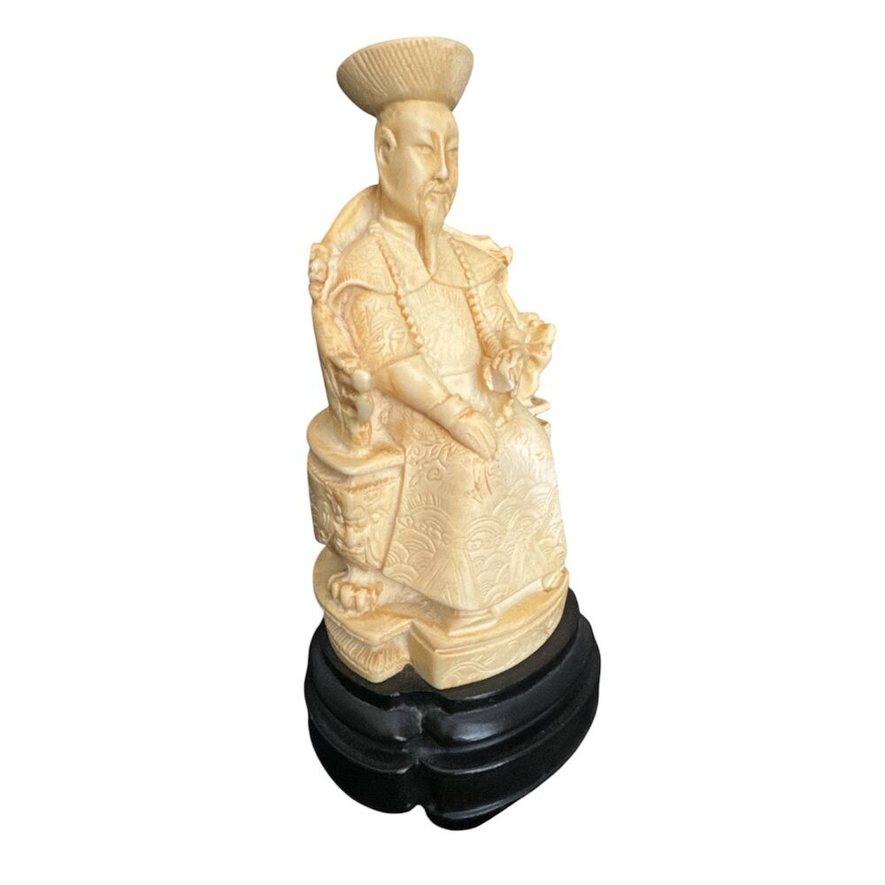 Vintage Ivory Look Resin Seated Chinese Emperor on Base